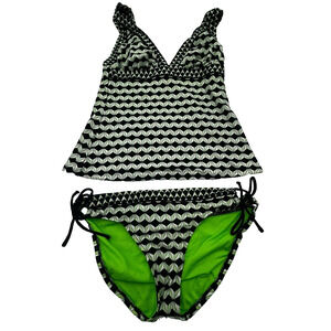 KENNETH COLE | Womens Small Black Green Geometric Print Tankini 2 piece Swim Set